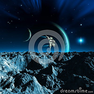 spaceship flying over a moon with mountains and rocks, two planets with atmosphere, a bright star and nebula, 3d illustration Cartoon Illustration