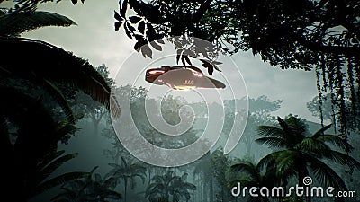 A spaceship flying over an unknown green planet. A futuristic concept of a UFO. 3D rendering. Stock Photo