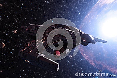 spaceship, flying through the starry expanse of space, with view of distant planets visible in the background Stock Photo