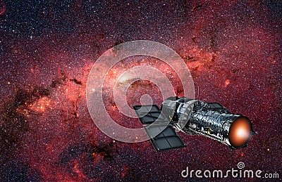 Spaceship flying to galaxy in universe. Nice galaxy like nebula in outer space. Spacecraft on background of deep cosmos. Future Stock Photo