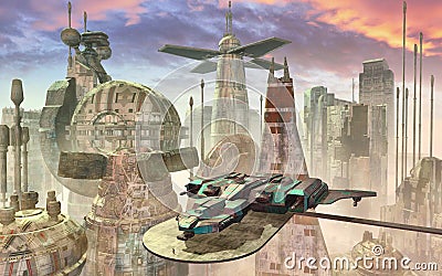 Spaceship and futuristic city Stock Photo