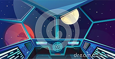 Spaceship futuristic command post. Interior of captains bridge in cartoon style. Vector illustration with radar, screen, hologram Cartoon Illustration