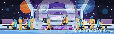 Spaceship futuristic interior. Spacecraft captain cabin with pioneer science team command and astronauts. Spaceman Vector Illustration