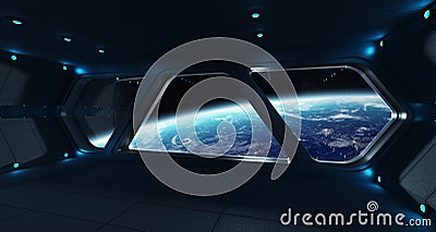 Spaceship futuristic interior with view on planet Earth Stock Photo