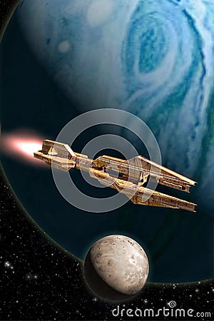 Spaceship and gas giant planet Cartoon Illustration