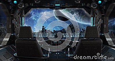 Spaceship grunge interior with view on exoplanet Stock Photo