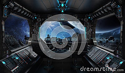 Spaceship grunge interior with view on exoplanet Stock Photo