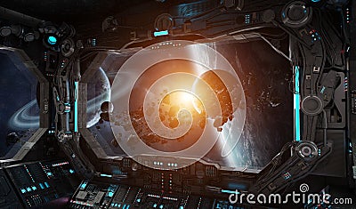 Spaceship grunge interior with view on exoplanet Stock Photo
