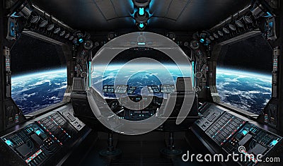 Spaceship grunge interior with view on planet Earth Stock Photo