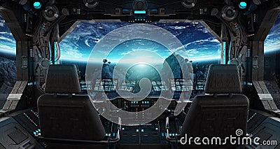 Spaceship grunge interior with view on planet Earth Stock Photo