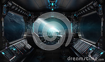 Spaceship grunge interior with view on planet Earth Stock Photo