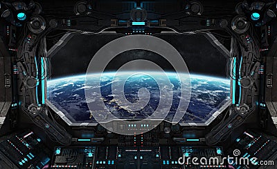 Spaceship grunge interior with view on planet Earth Stock Photo