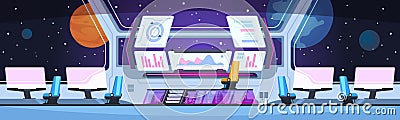 Spaceship interior. Nobody futuristic captain cabin inside. Space station future workplace. Spacecraft concept Vector Illustration