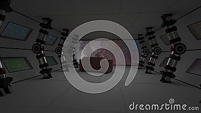 Spaceship interior with relax sofa view on space and distant planets system 3D illustration Stock Photo