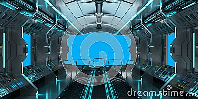 Spaceship interior with view on blue windows 3D rendering Stock Photo