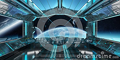 Spaceship interior with view on distant planets system 3D render Stock Photo