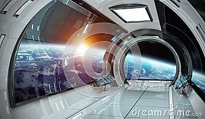 Spaceship interior with view on Earth 3D rendering elements of t Stock Photo