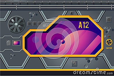 Spaceship interior with window. Rocket room game concept. Futuristic vector background. Vector Illustration