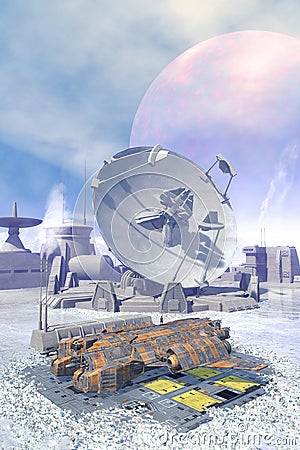Spaceship landed on a frozen outpost Cartoon Illustration
