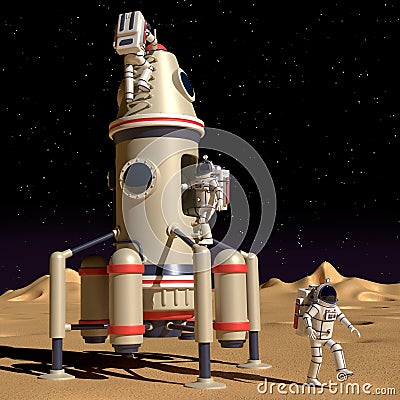 Spaceship landing module with astronaut in space suit on moon surface Cartoon Illustration