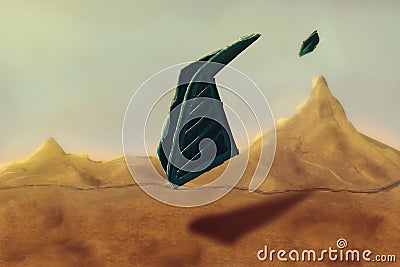 Spaceship landing on planet. Futuristic spacecraft. UFO. Concept Art. Fiction Backdrop. Realistic Illustration. Nature Scenery Stock Photo