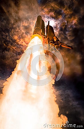 Spaceship launch at night, low-angle perspective Stock Photo
