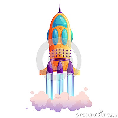 Spaceship launch, rocketship takeoff, rocket trace Vector Illustration