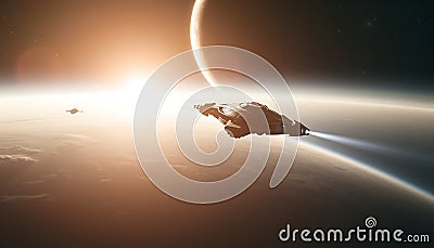 Spaceship launching planet orbit, sci-fi vehicle and space exploration Generative AI Stock Photo