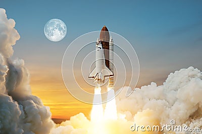 Spaceship lift off. Space shuttle with smoke and blast takes off into space on a background of sunset with a full moon. Stock Photo
