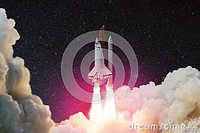 Spaceship lift off. Space shuttle with smoke and blast takes off into the starry sky. Rocket starts into space. Stock Photo