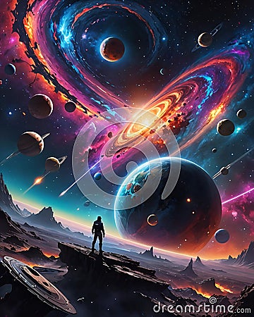 A spaceship navigating through a vivid, dynamic space scene. Stock Photo