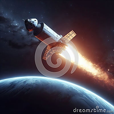 A spaceship orbiting a planet. Stock Photo