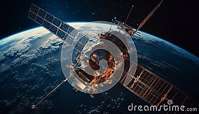 Spaceship orbiting planet in futuristic galaxy exploration generated by AI Stock Photo