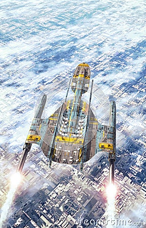 Spaceship over a city Cartoon Illustration