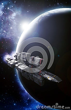 Spaceship and planet backlight Cartoon Illustration