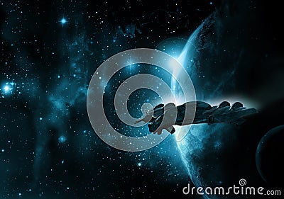 Spaceship and planet Stock Photo