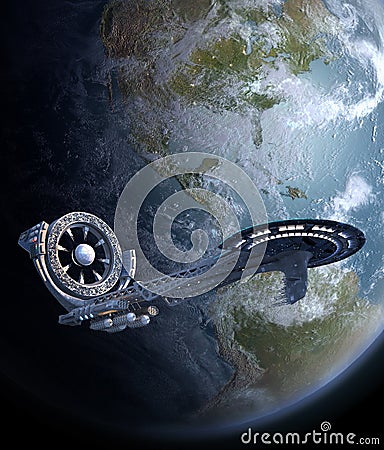 Spaceship with power wheel and deck near Earth Cartoon Illustration