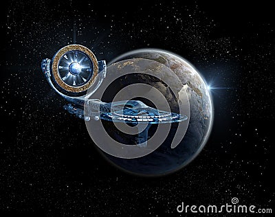 Spaceship with a power wheel near Earth Stock Photo