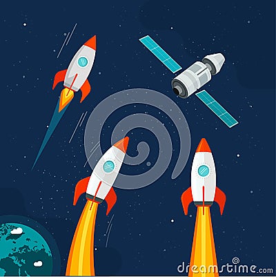 Spaceship rocket and cosmic satellite vehicle set in outer space vector cartoon comic flat illustration, galaxy ships Vector Illustration