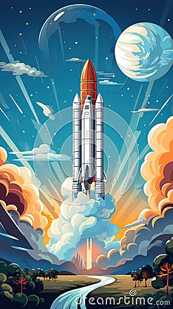 Spaceship rocket flies in space Cartoon Illustration