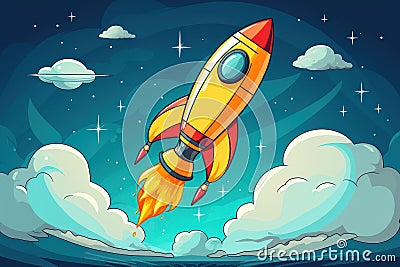 Spaceship rocket flies in space Cartoon Illustration