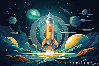 Spaceship rocket flies in space Cartoon Illustration