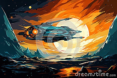 Spaceship rocket flies in space Cartoon Illustration