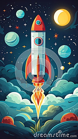 Spaceship rocket flies in space Cartoon Illustration
