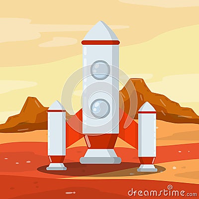 Spaceship, Rocket on red planet Mars. Space flight and colonization Vector Illustration