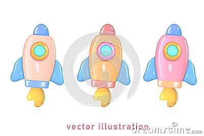 Spaceship rocket. Toy rocket upswing . Startup, space, business concept. 3d vector icon. Cartoon minimal style Vector Illustration