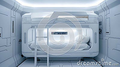 Spaceship room with bunk bed, design of white habitat in spacecraft. Futuristic living compartment interior. Concept of space, Stock Photo