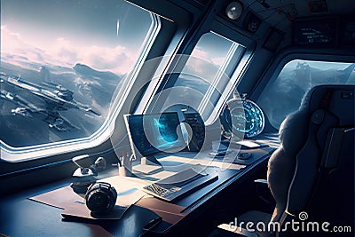 Spaceship room interior, space view from spacecraft office, generative AI Stock Photo