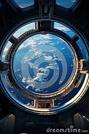 spaceship round window with sunrise over planet view, space station porthole illuminator with planetary sunset view Stock Photo