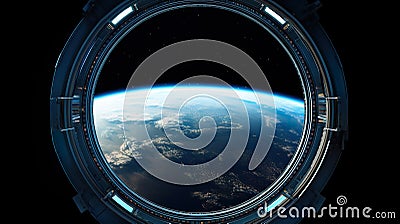 spaceship round window with sunrise over planet view, space station porthole illuminator with planetary sunset view Stock Photo